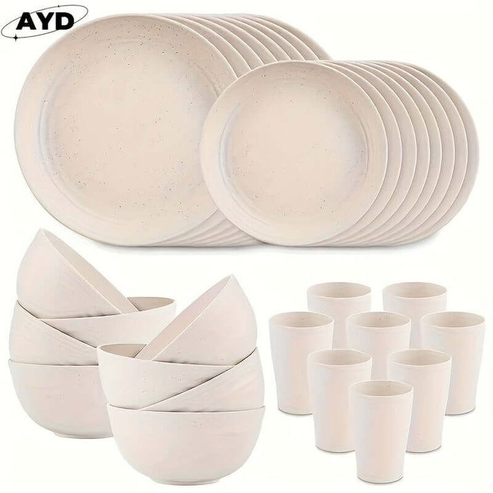 Wheat straw dinnerware set featuring bowls, plates, and cups, lightweight and eco-friendly design.