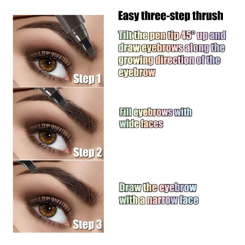 Three-step tutorial for using a waterproof eyebrow pen to achieve perfect eyebrows.
