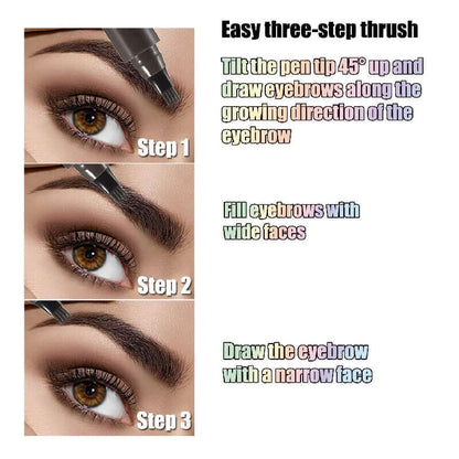 Three-step tutorial for using a waterproof eyebrow pen to achieve perfect eyebrows.