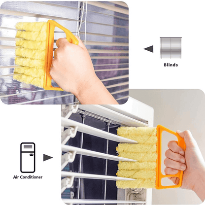 Person using a washable window cleaning brush on blinds and an air conditioner.
