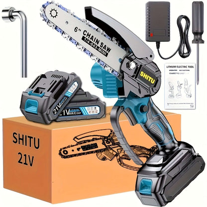 Cordless mini chainsaw with battery and charger, perfect for outdoor activities and tree trimming
