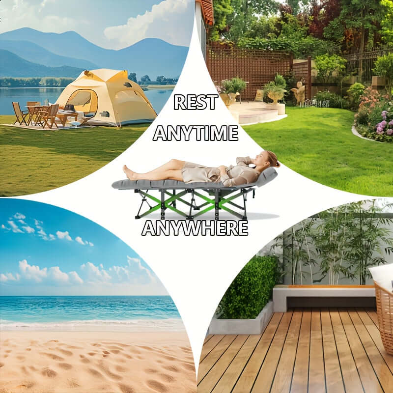 Portable folding guest bed for camping, outdoor relaxation, and versatile use anywhere anytime.