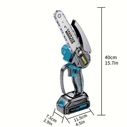 cordless mini chainsaw with a 6 inch blade, perfect for outdoor activities, compact and lightweight design.