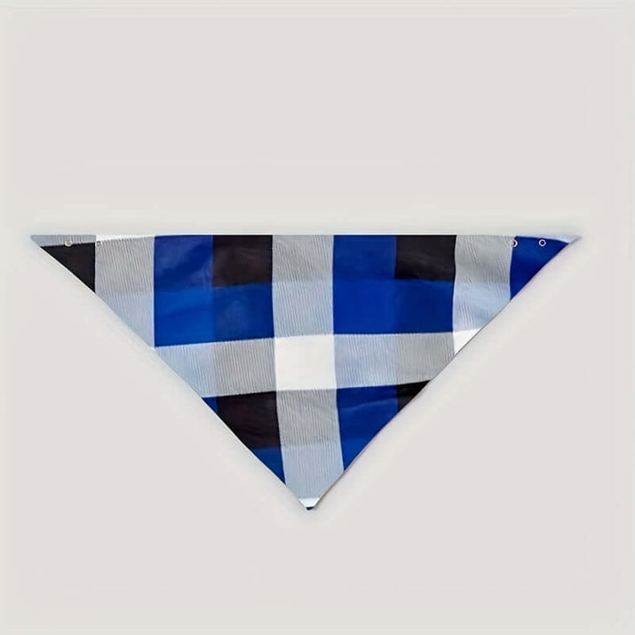 Blue and black checkered triangle bandana with a stylish design and multiple color blocks.
