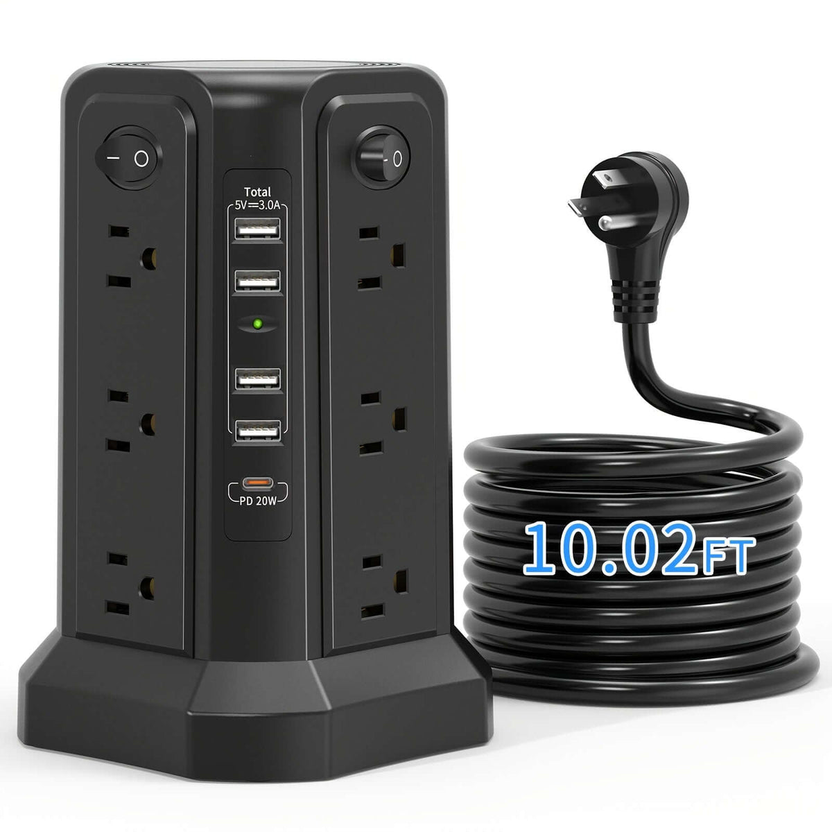 flat plug power board with USB ports featuring multiple outlets and a 10.02ft power cord.