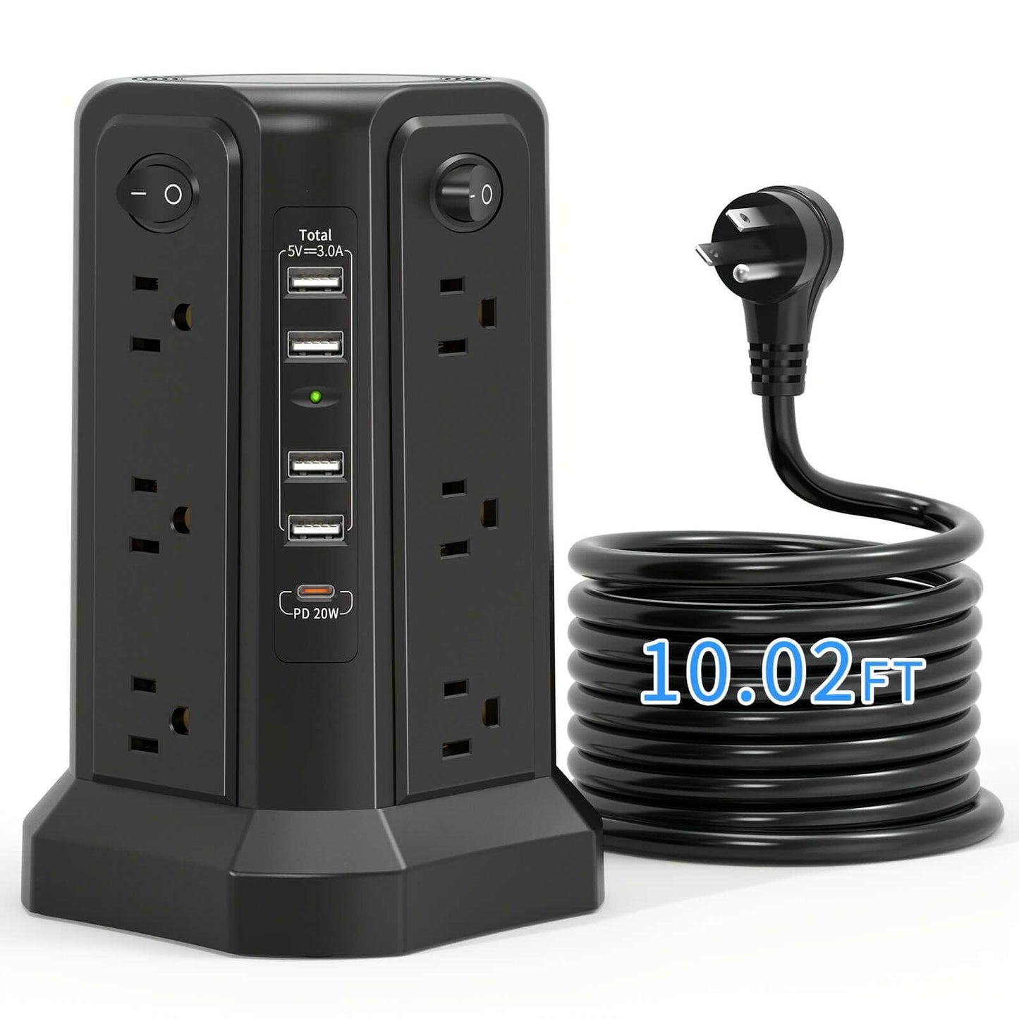 flat plug power board with USB ports featuring multiple outlets and a 10.02ft power cord.