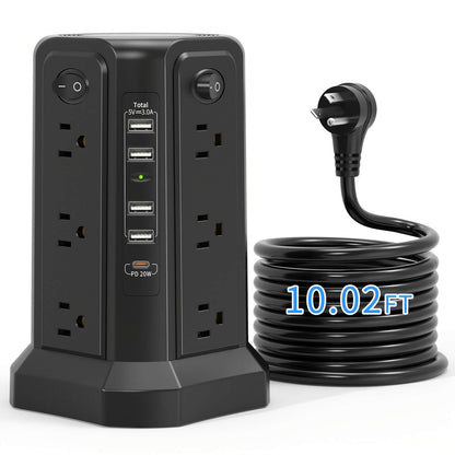 flat plug power board with USB ports featuring multiple outlets and a 10.02ft power cord.
