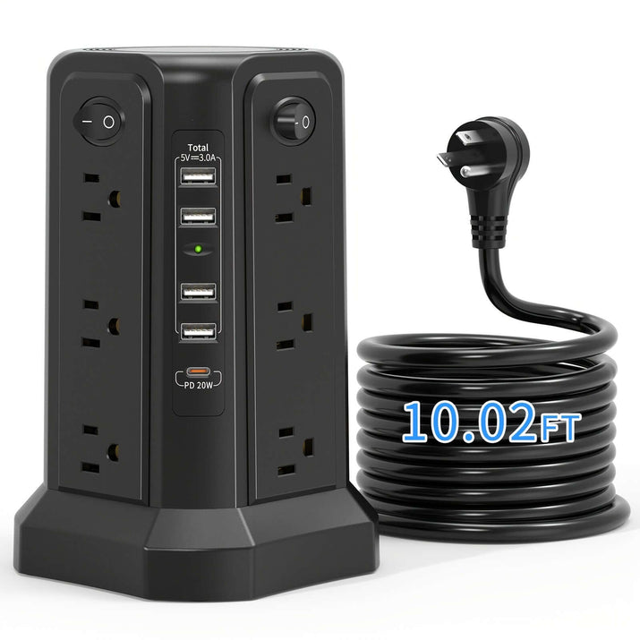 flat plug power board with USB ports featuring multiple outlets and a 10.02ft power cord.