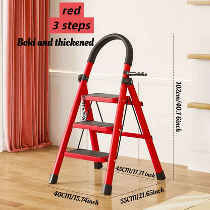 heavy-duty portable folding ladder with red steps and sturdy design, suitable for various tasks.