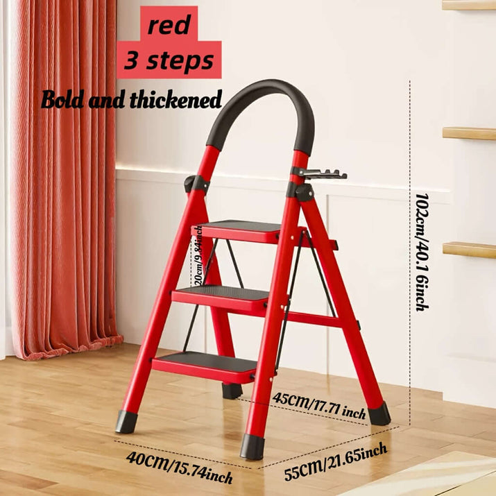 heavy-duty portable folding ladder with red steps and sturdy design, suitable for various tasks.