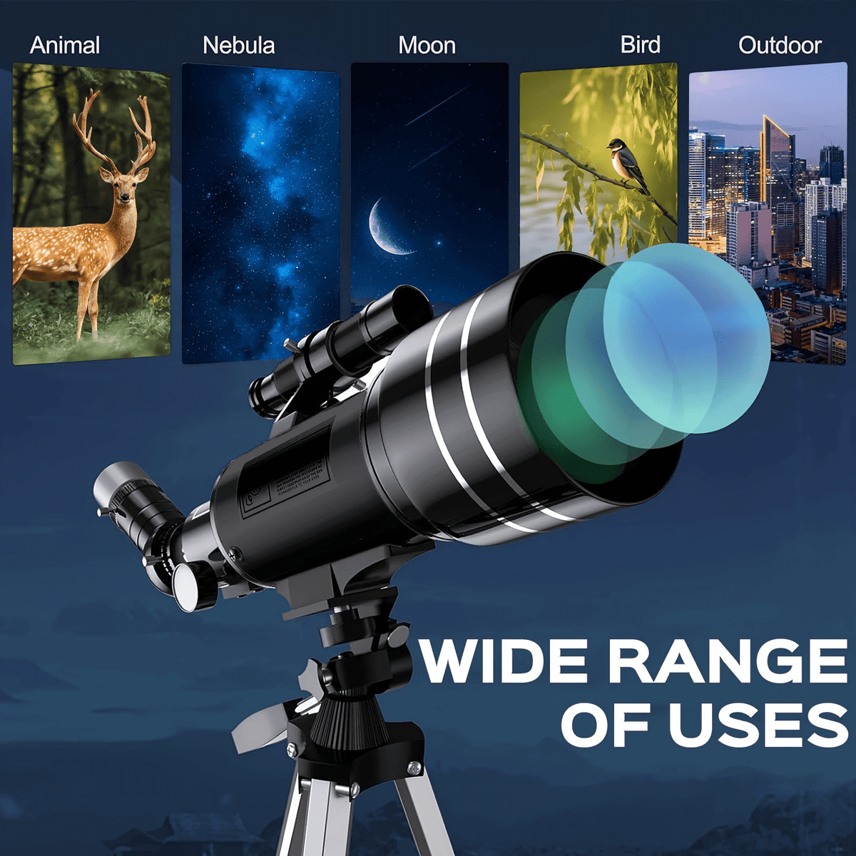 portable 150X telescope with tripod showcasing a wide range of uses for stargazing and wildlife observation.