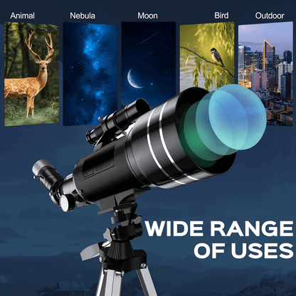 portable 150X telescope with tripod showcasing a wide range of uses for stargazing and wildlife observation.