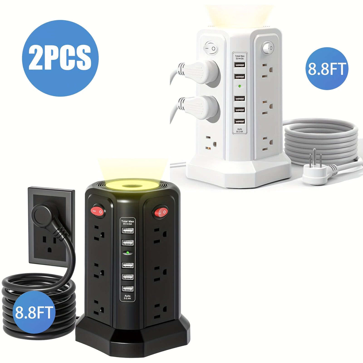 flat plug power board with USB ports featuring two designs and 8.8FT cords for versatile charging options