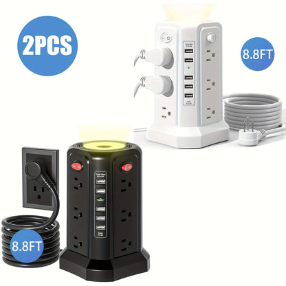 flat plug power board with USB ports featuring two designs and 8.8FT cords for versatile charging options