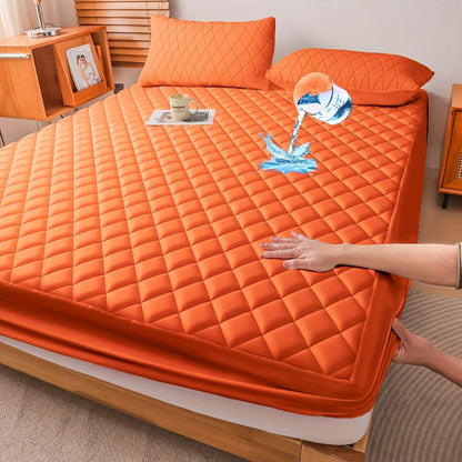 Ultrasonic embossed polyester fabric specifications highlighting the texture and water resistance of a mattress cover in orange color.