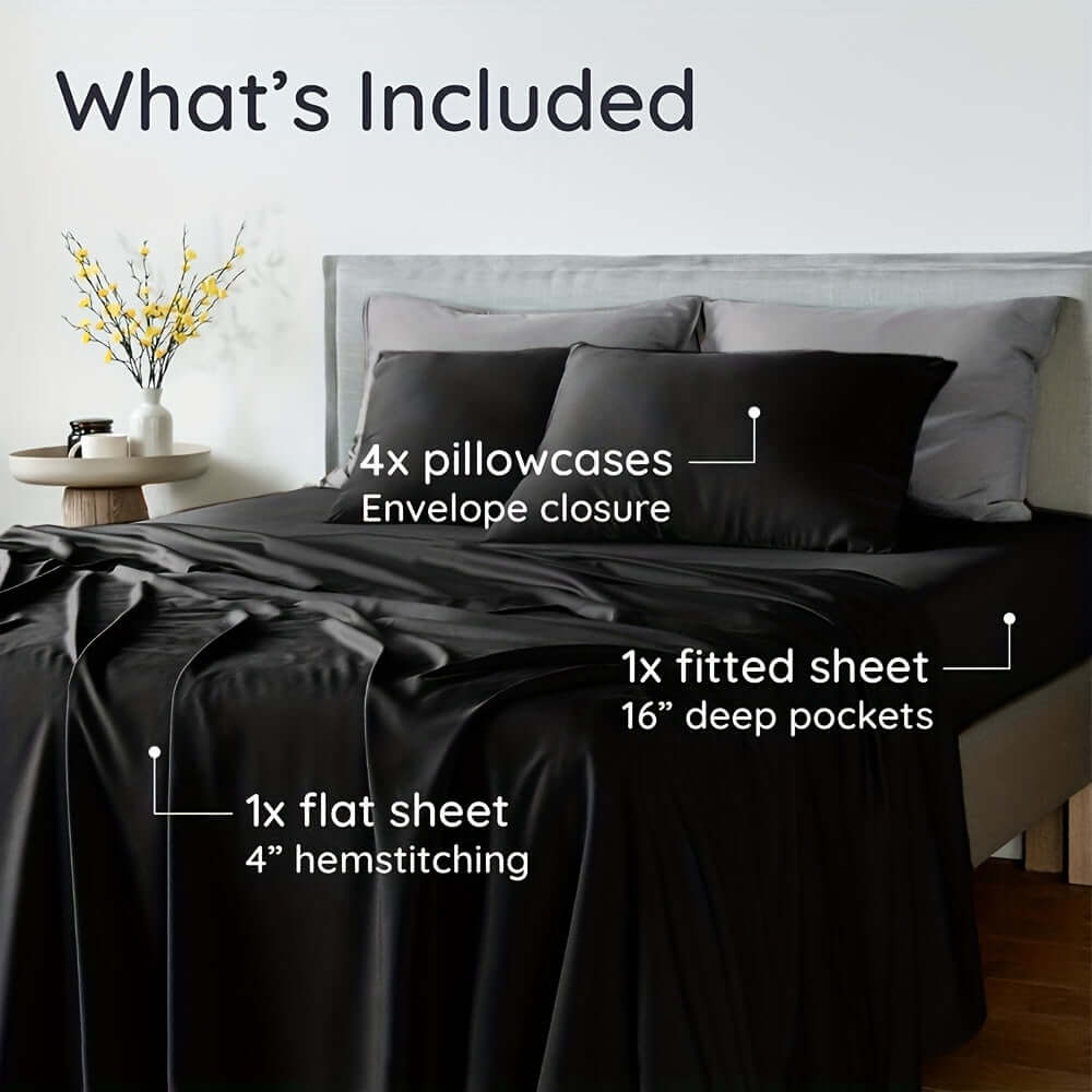 4-piece bamboo cooling bedding set showing pillowcases, fitted sheet, and flat sheet details.