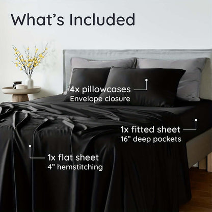 4-piece bamboo cooling bedding set showing pillowcases, fitted sheet, and flat sheet details.