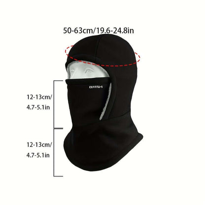 winter balaclava for outdoor sports displayed on a head mannequin with size measurements indicated.