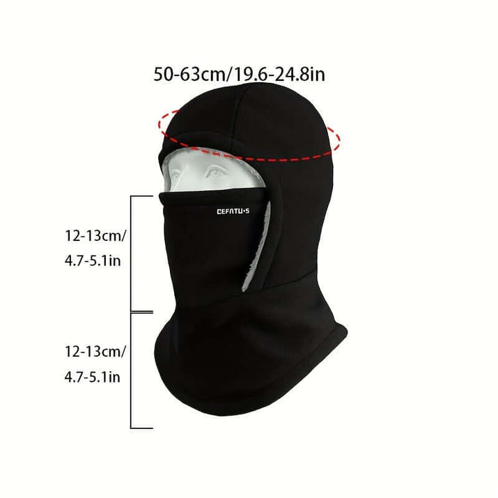 winter balaclava for outdoor sports displayed on a head mannequin with size measurements indicated.