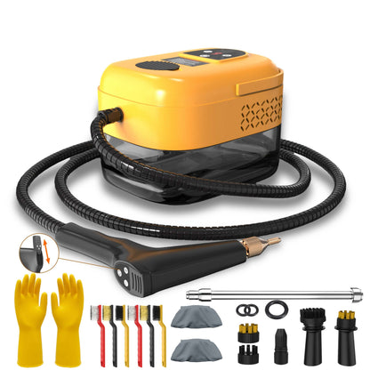High pressure handheld steam cleaner with hose, attachments, and gloves for effective cleaning.