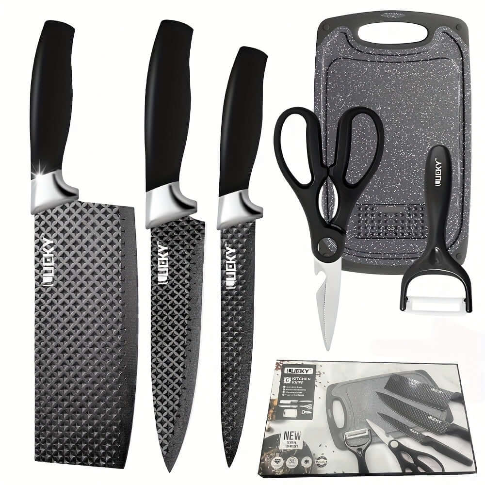Professional kitchen knife set featuring knives, scissors, a peeler, and a cutting board.