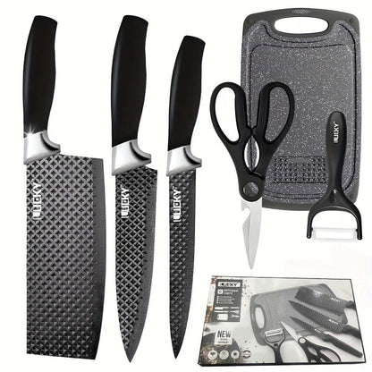 Professional kitchen knife set featuring knives, scissors, a peeler, and a cutting board.