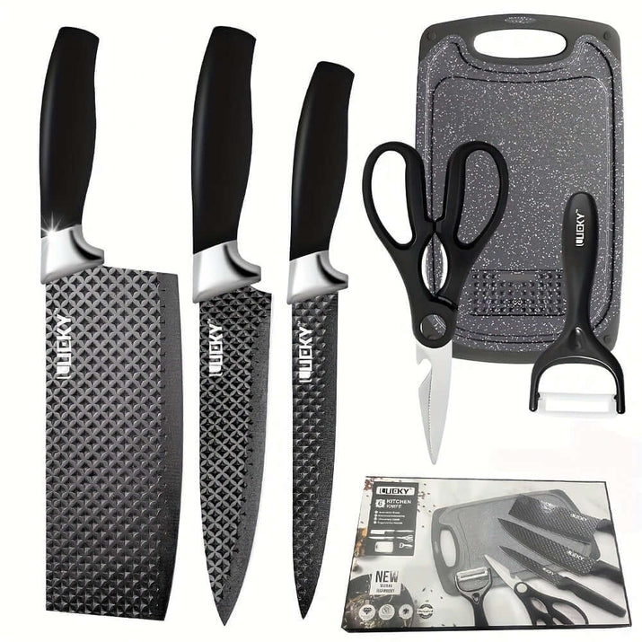 Professional kitchen knife set featuring knives, scissors, a peeler, and a cutting board.