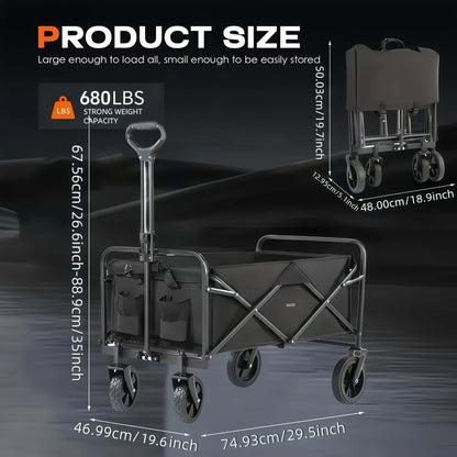Product size of heavy duty folding cart for outdoor use showcasing dimensions and strong weight capacity of 680lbs.