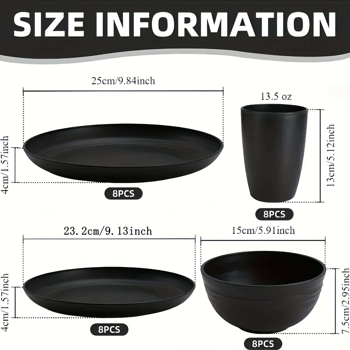 Size information for wheat straw dinnerware set including measurements for plates, cups, and bowls.