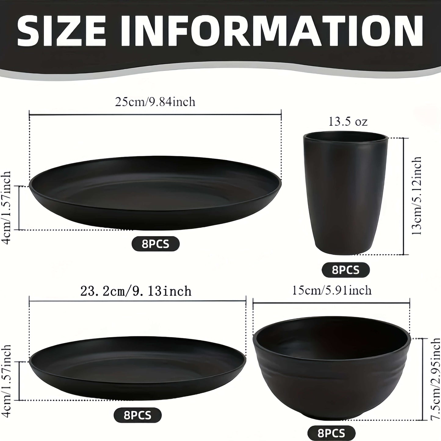Size information for wheat straw dinnerware set including measurements for plates, cups, and bowls.