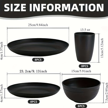 Size information for wheat straw dinnerware set including measurements for plates, cups, and bowls.