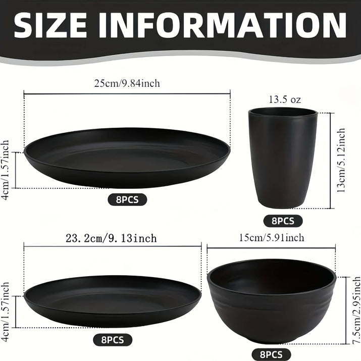 Size information for wheat straw dinnerware set including measurements for plates, cups, and bowls.