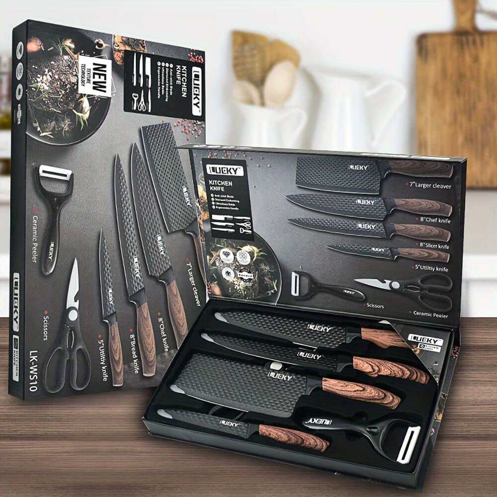 Professional kitchen knife set displayed in a stylish box featuring various knives and kitchen tools.