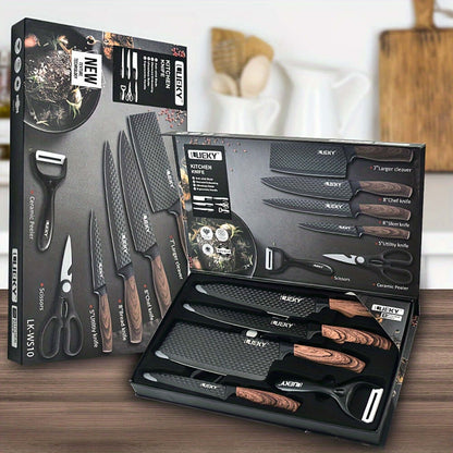 Professional kitchen knife set displayed in a stylish box featuring various knives and kitchen tools.