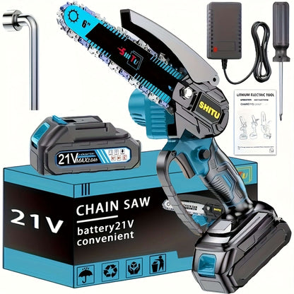 Cordless mini chainsaw with battery pack and accessories for outdoor activities.