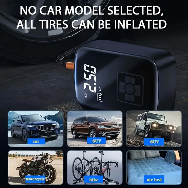 Portable tire inflator with digital display showing inflation settings for various vehicles.