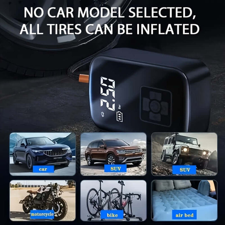 Portable tire inflator with digital display showing inflation settings for various vehicles.
