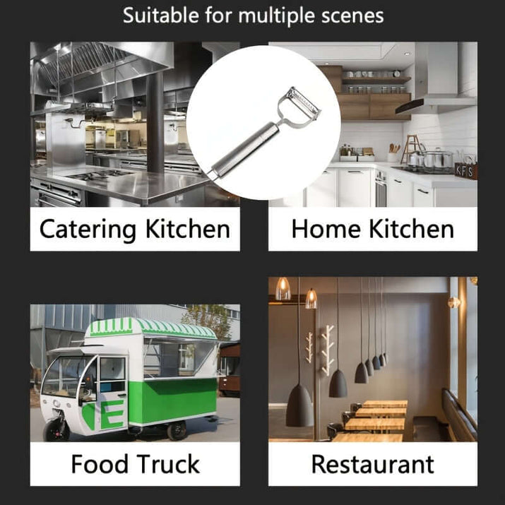 stainless steel restaurant cookware displayed in various kitchen settings including catering kitchen and food truck.