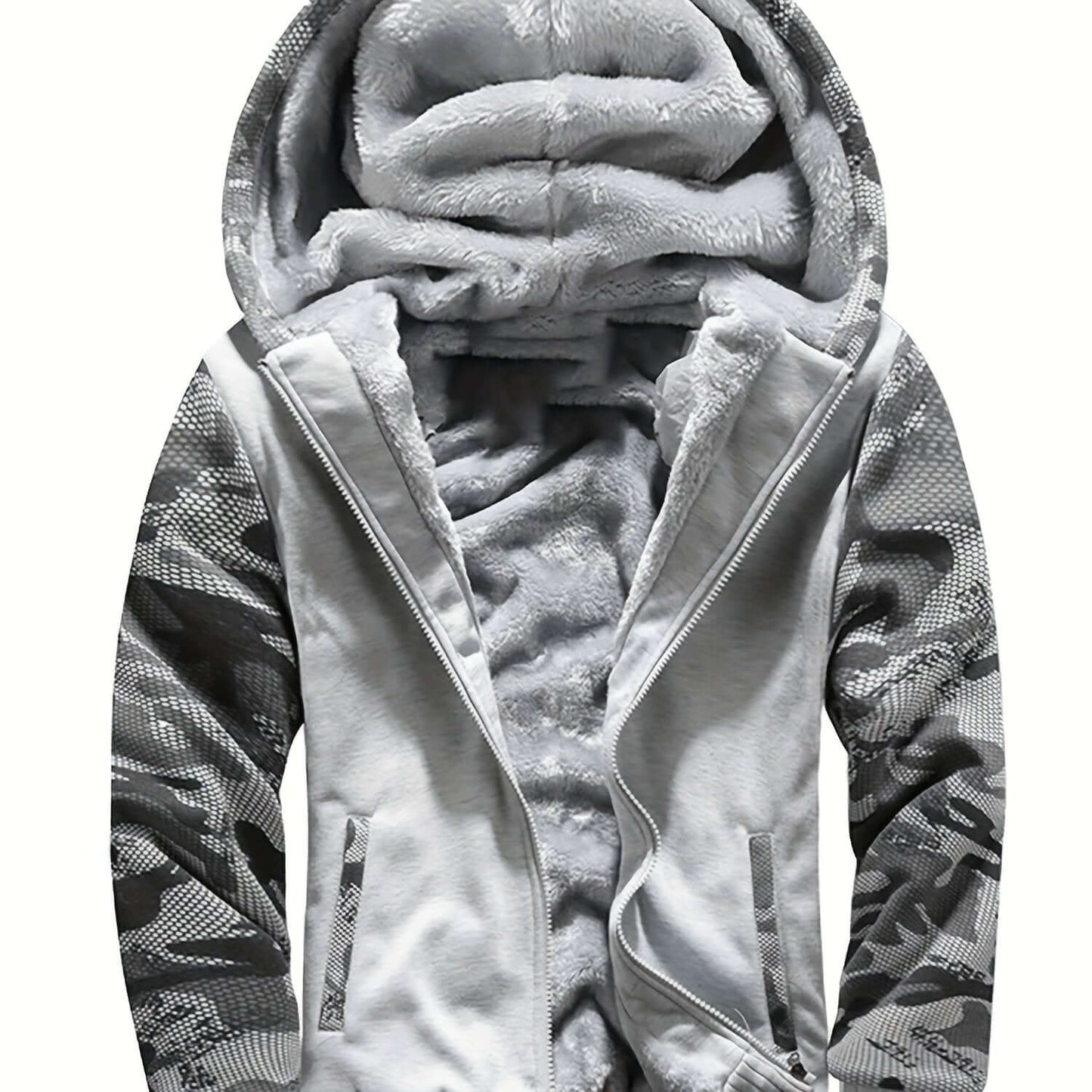 men's hooded jacket specifications featuring a cozy fleece-lined interior and stylish camouflage sleeves.