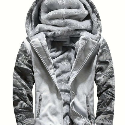 men's hooded jacket specifications featuring a cozy fleece-lined interior and stylish camouflage sleeves.