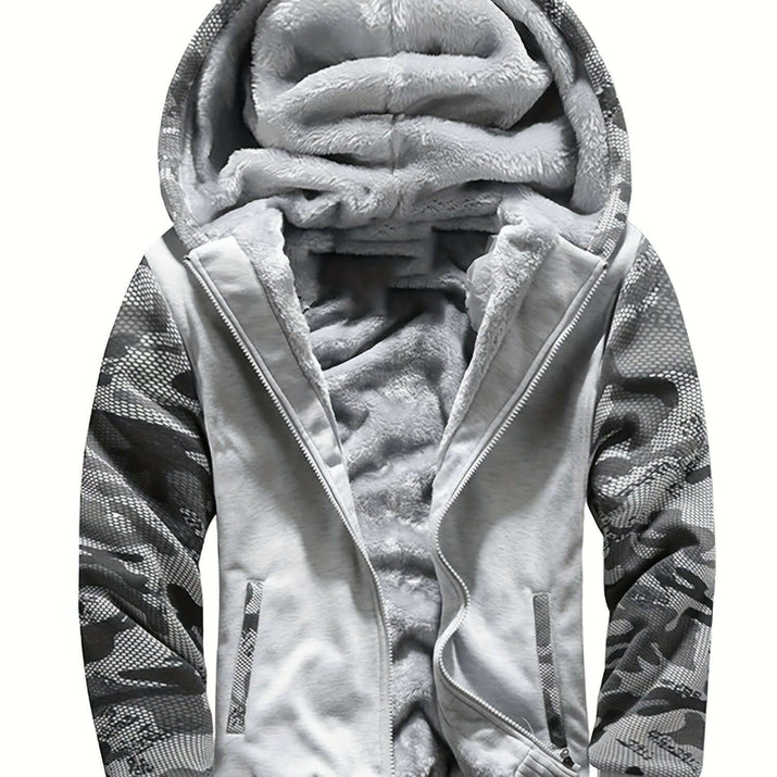 men's hooded jacket specifications featuring a cozy fleece-lined interior and stylish camouflage sleeves.