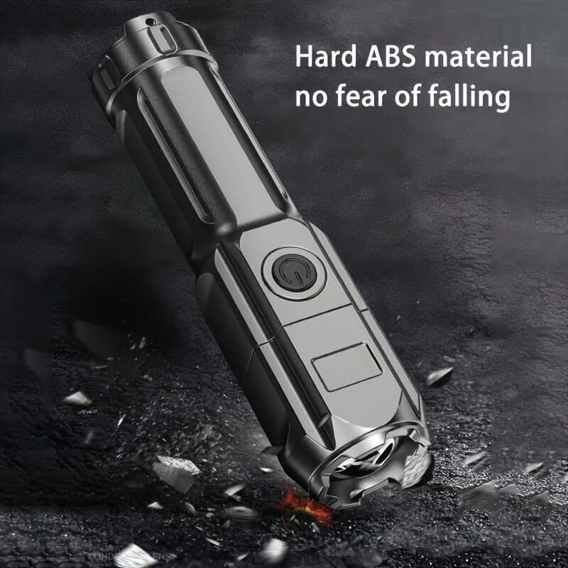 High-power zoom flashlight featuring hard ABS material and fall-resistant design.