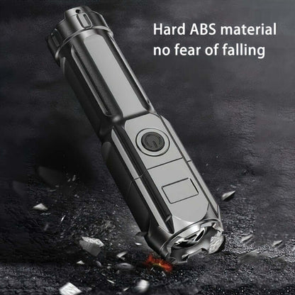 High-power zoom flashlight featuring hard ABS material and fall-resistant design.