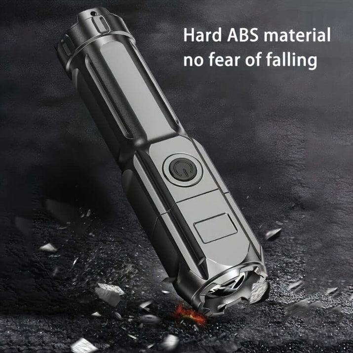 High-power zoom flashlight featuring hard ABS material and fall-resistant design.
