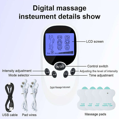 Digital display of CESLIFF TENS EMS muscle stimulator showing intensity adjustment and control features.