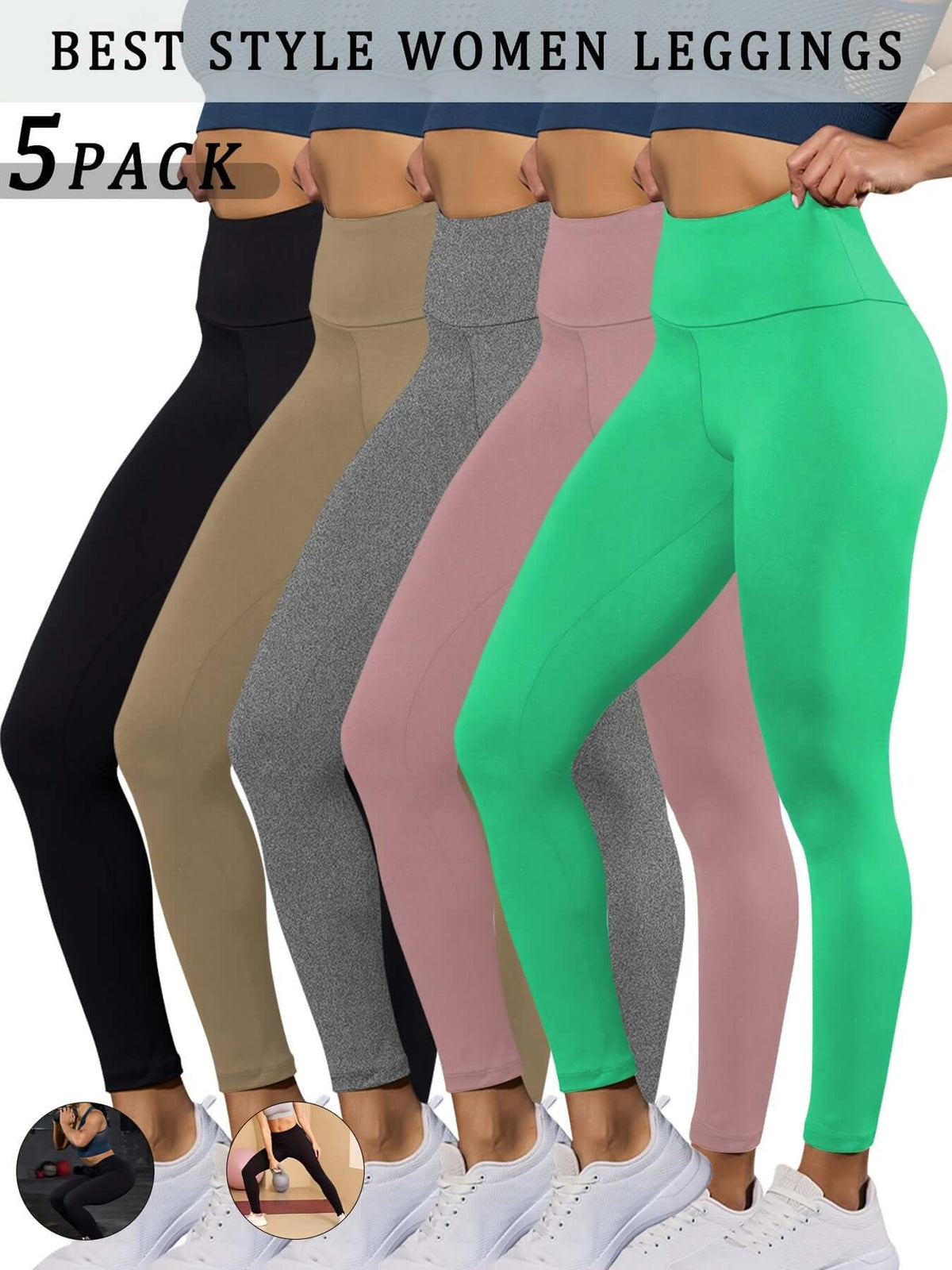 high waisted tummy control leggings in a 5 pack of stylish colors for women