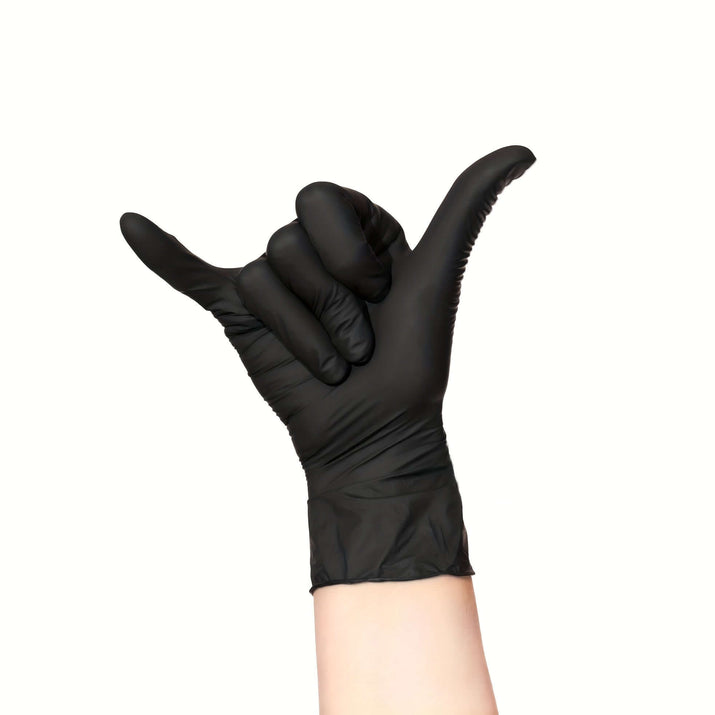 Hand wearing disposable nitrile gloves for safety, showing a shaka sign gesture.