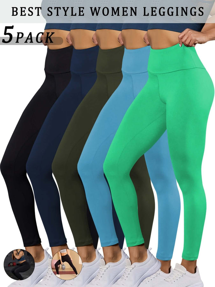 High waisted tummy control leggings in a variety of colors, designed for comfort and style, 5 pack collection.