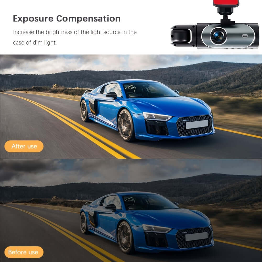 Dual camera dash cam showing exposure compensation before and after use on a blue sports car driving on a highway.