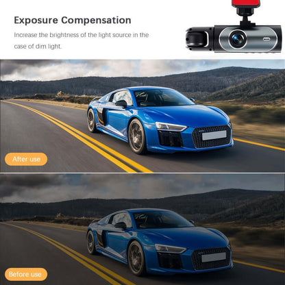 Dual camera dash cam showing exposure compensation before and after use on a blue sports car driving on a highway.